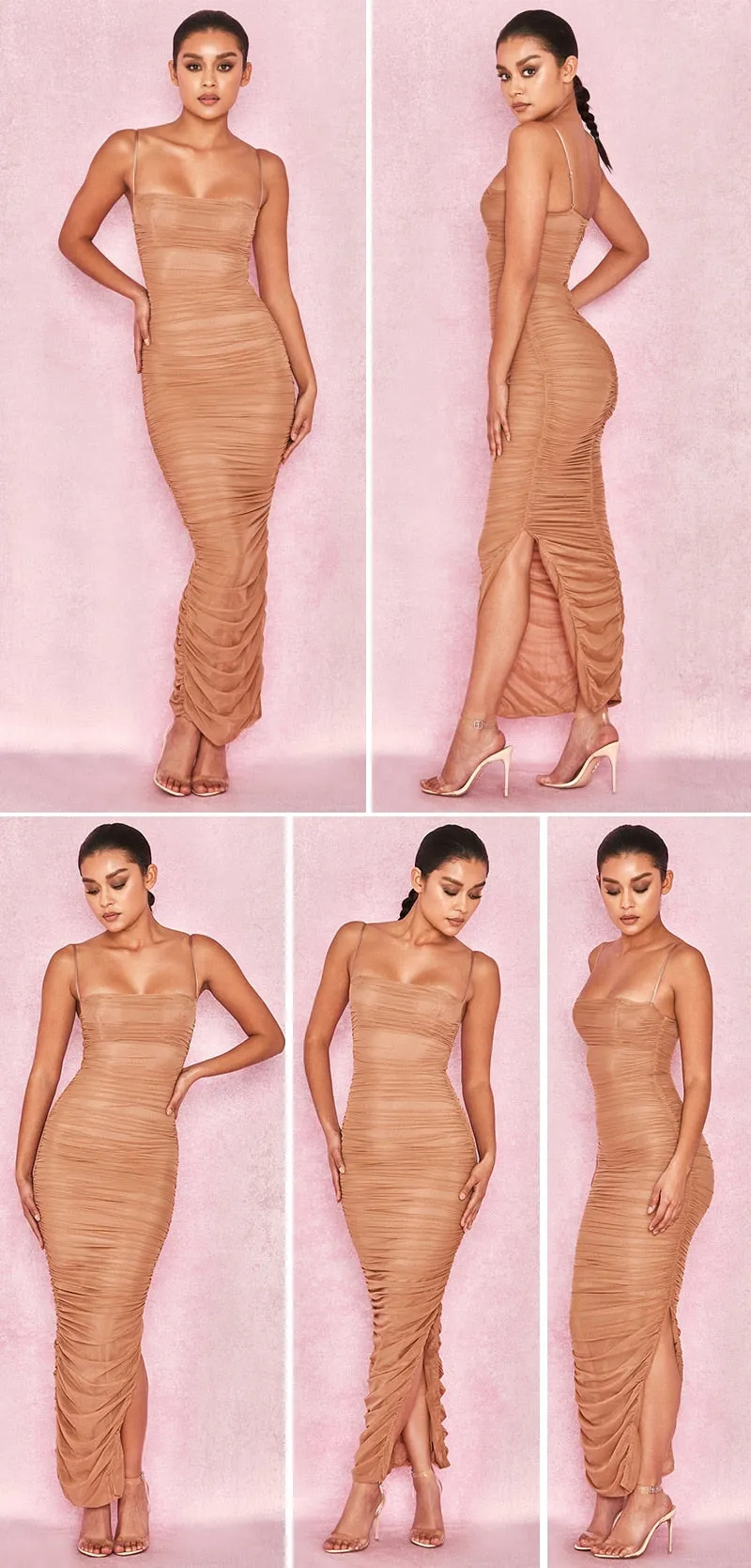 VenusFox Ruched Sheer Sexy Maxi Dress