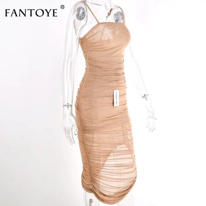 VenusFox Ruched Sheer Sexy Maxi Dress
