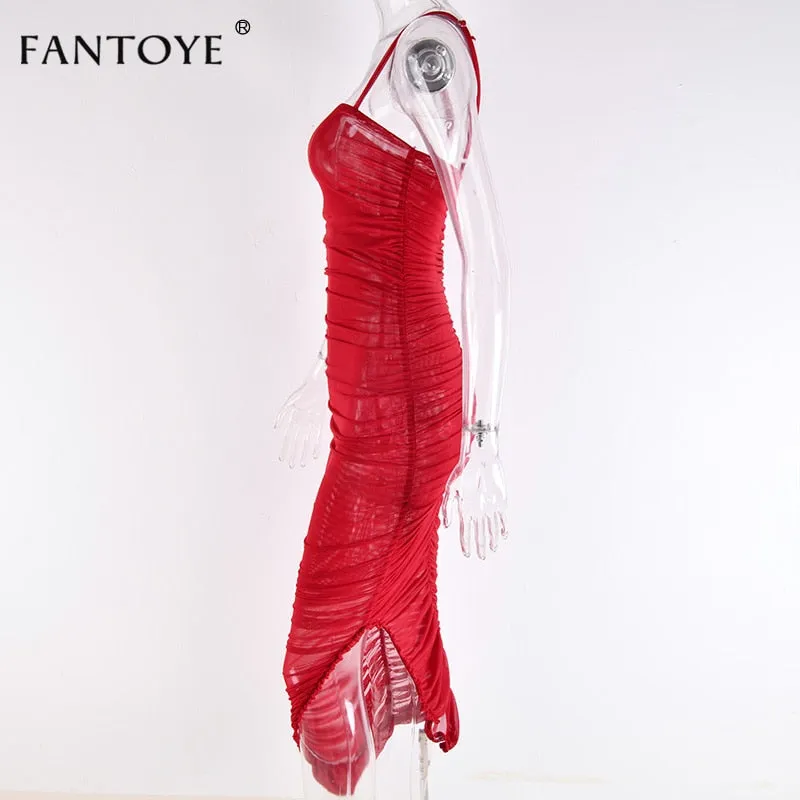 VenusFox Ruched Sheer Sexy Maxi Dress