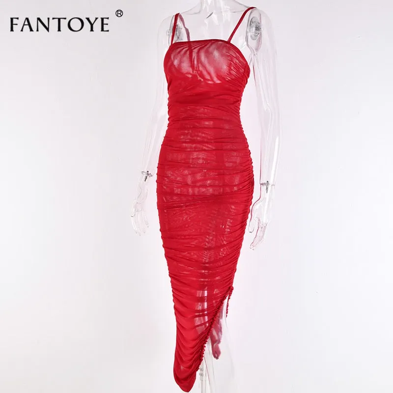 VenusFox Ruched Sheer Sexy Maxi Dress