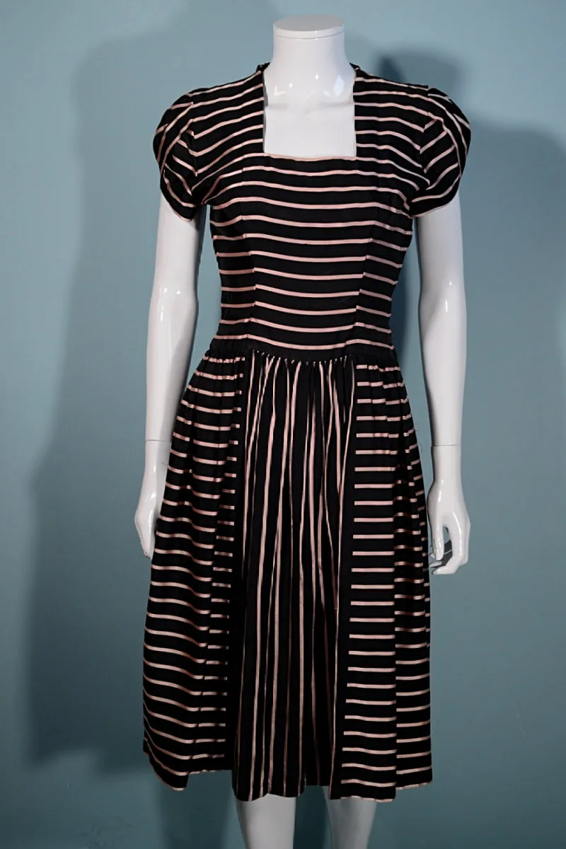 Vintage 40s Black/Pink Party Dress, Short Petal Sleeves,  Aldrich Original 25" Waist