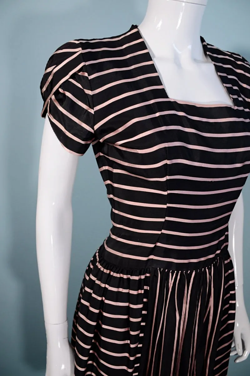 Vintage 40s Black/Pink Party Dress, Short Petal Sleeves,  Aldrich Original 25" Waist