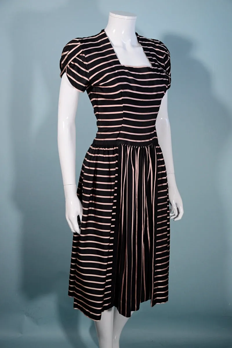 Vintage 40s Black/Pink Party Dress, Short Petal Sleeves,  Aldrich Original 25" Waist