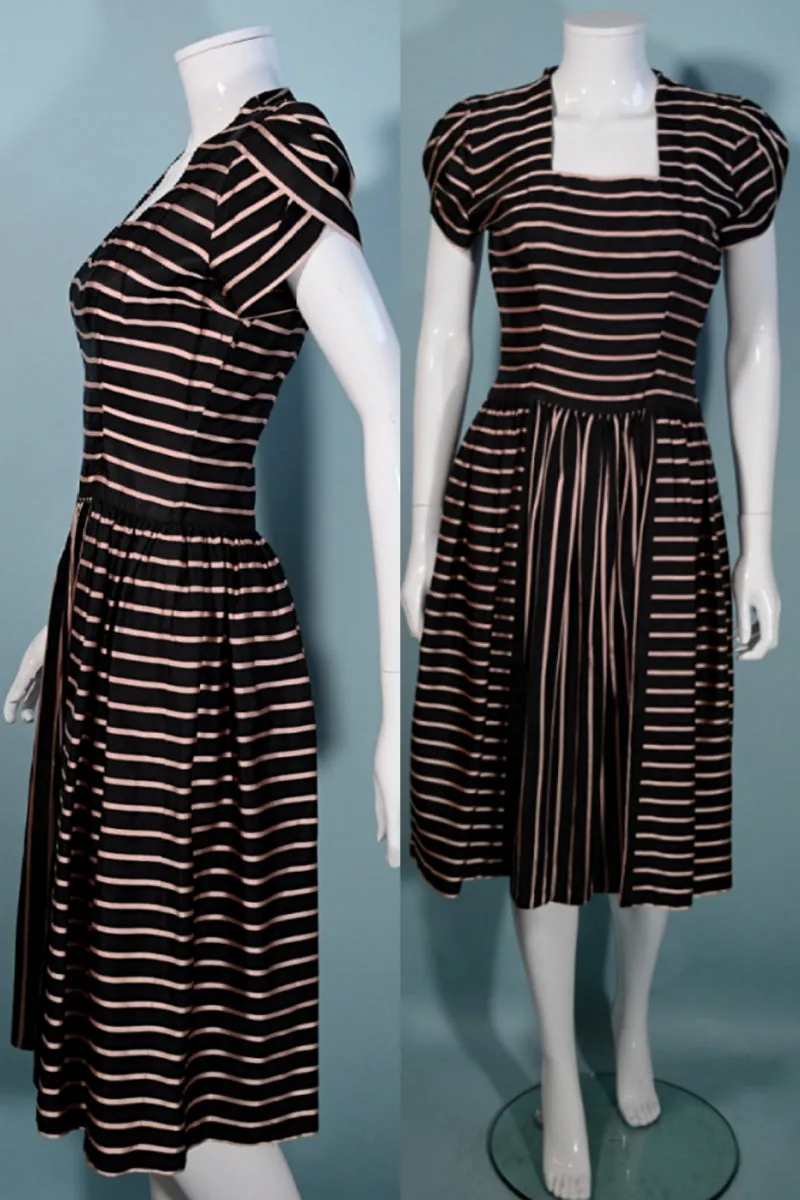 Vintage 40s Black/Pink Party Dress, Short Petal Sleeves,  Aldrich Original 25" Waist