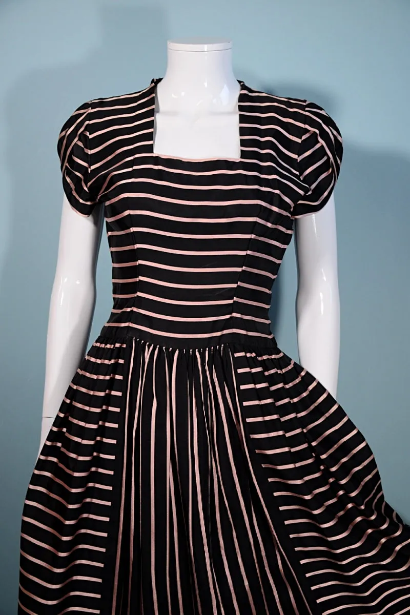 Vintage 40s Black/Pink Party Dress, Short Petal Sleeves,  Aldrich Original 25" Waist