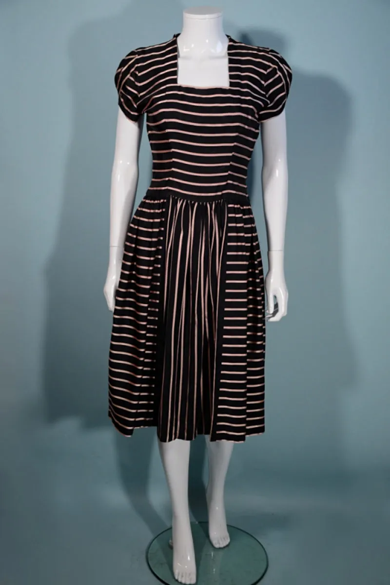 Vintage 40s Black/Pink Party Dress, Short Petal Sleeves,  Aldrich Original 25" Waist