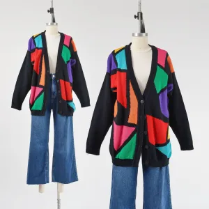 Vintage 80s Black Color Block Cardigan V Neck Button Front Sweater size S M