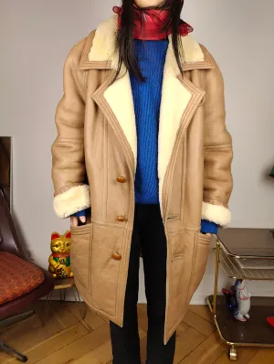 Vintage shearling coat L XL | beige brown lambskin sheepskin leather sherpa midi long jacket women unisex men