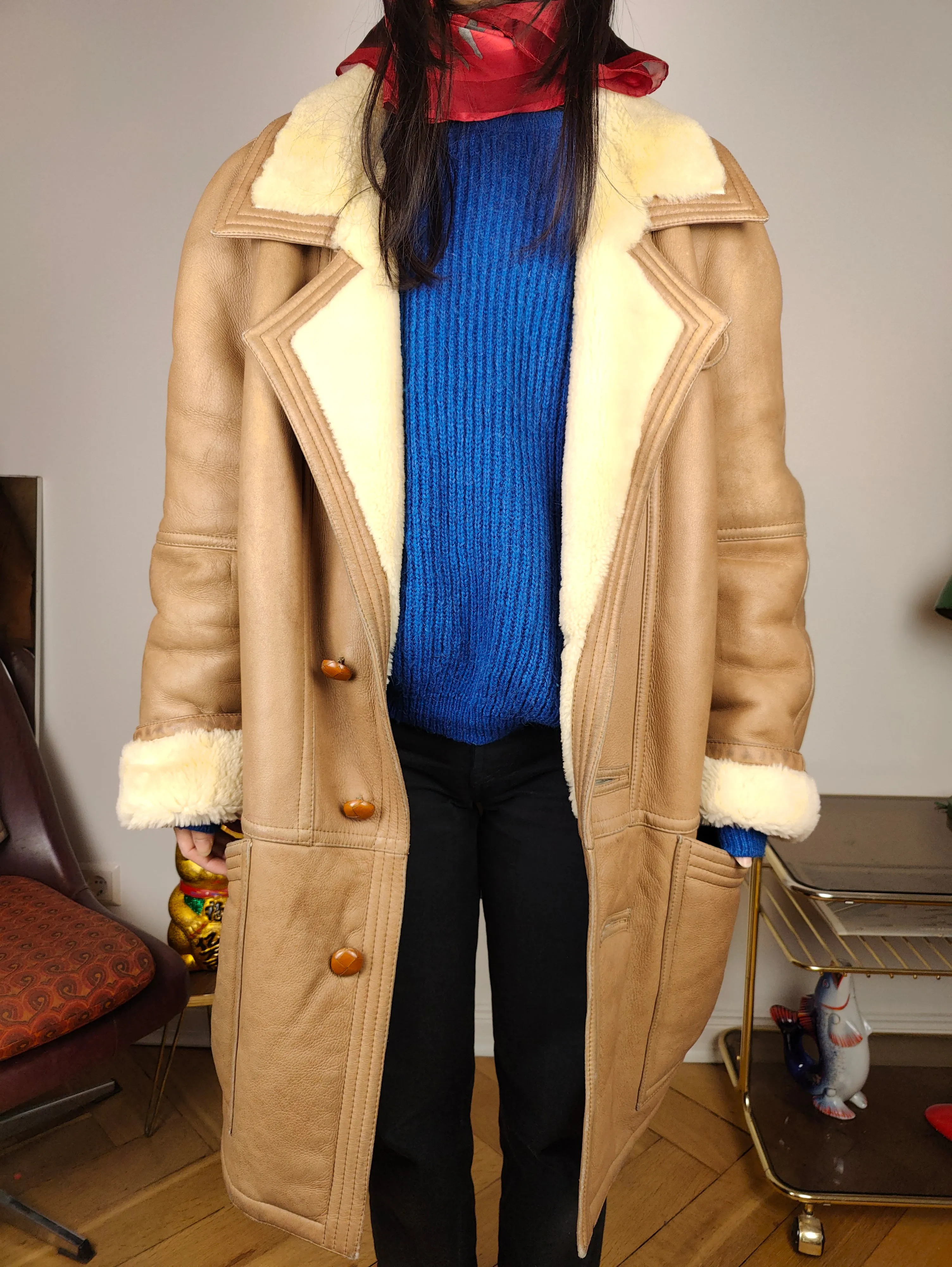 Vintage shearling coat L XL | beige brown lambskin sheepskin leather sherpa midi long jacket women unisex men