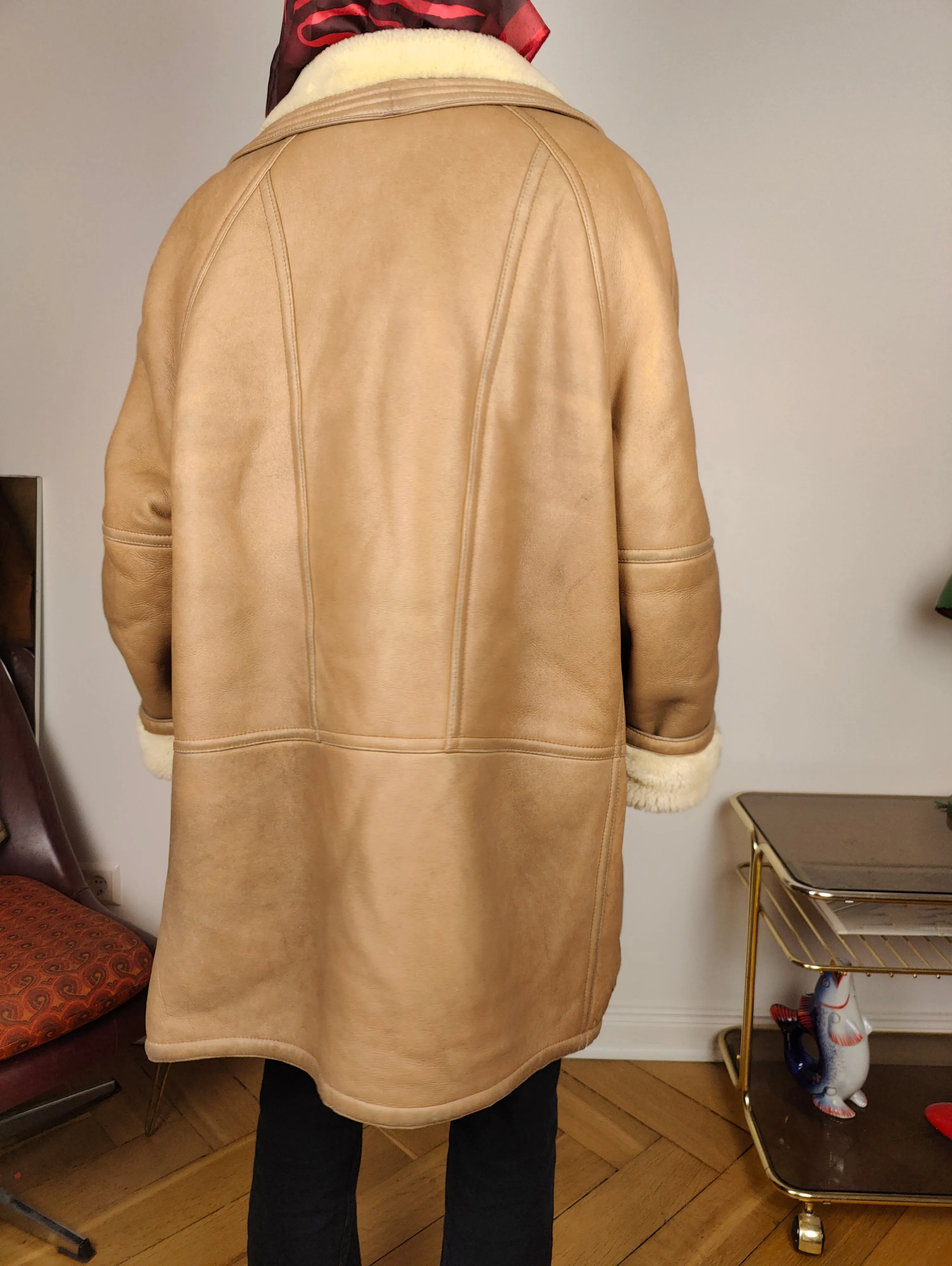 Vintage shearling coat L XL | beige brown lambskin sheepskin leather sherpa midi long jacket women unisex men