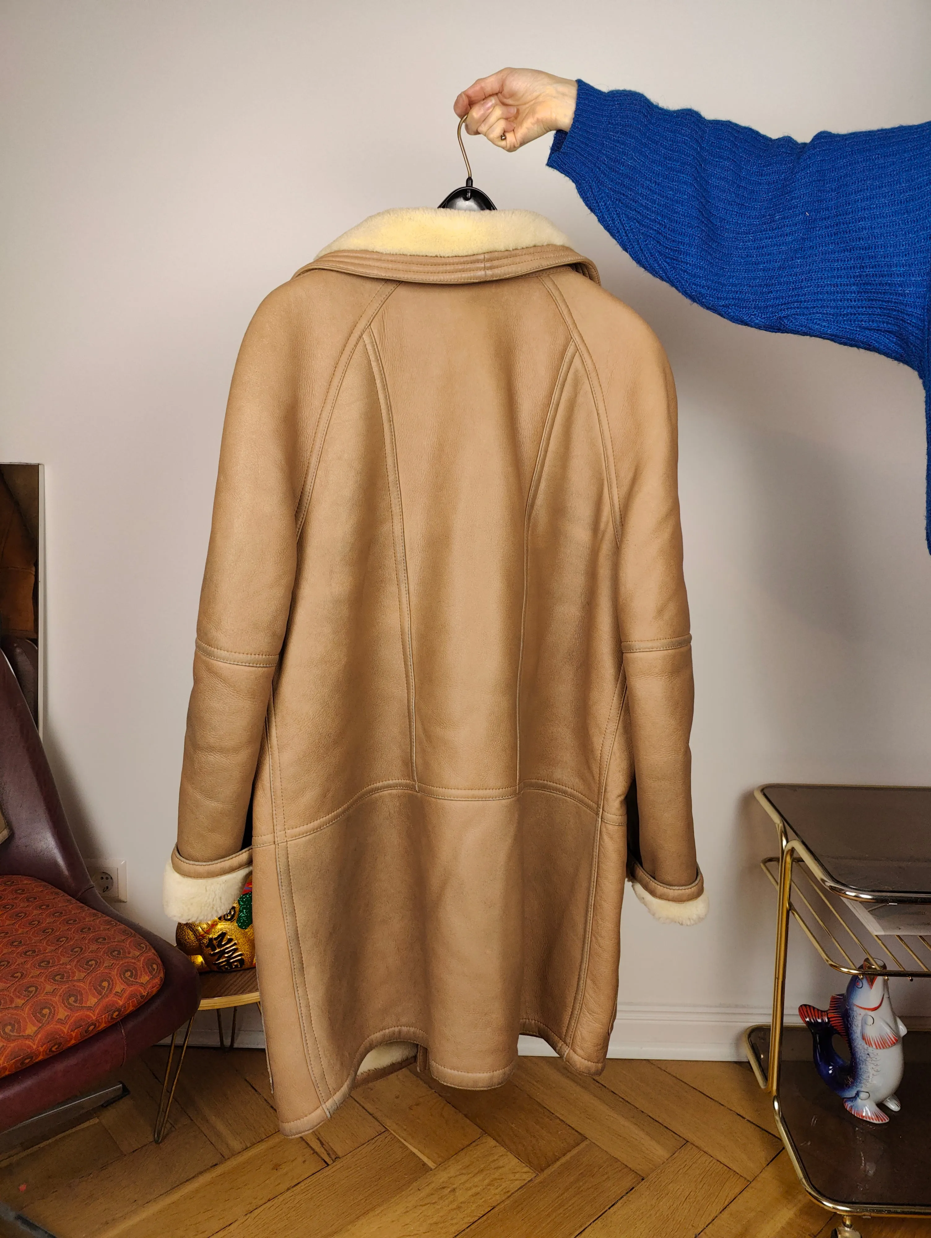 Vintage shearling coat L XL | beige brown lambskin sheepskin leather sherpa midi long jacket women unisex men