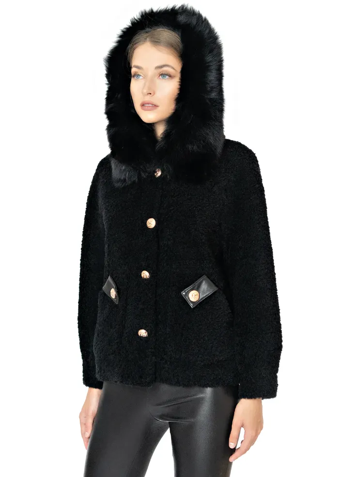 Women’s Shearling and Fox Fur Hooded Jacket with Gold Button Detail
