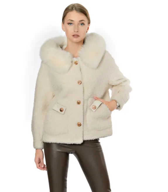 Women’s Shearling and Fox Fur Hooded Jacket with Gold Button Detail