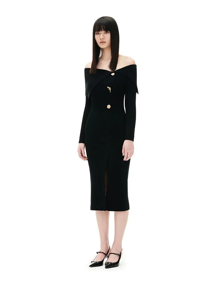YES BY YESIR autumn winter gun rose knit Black bodycon dress - Ionc