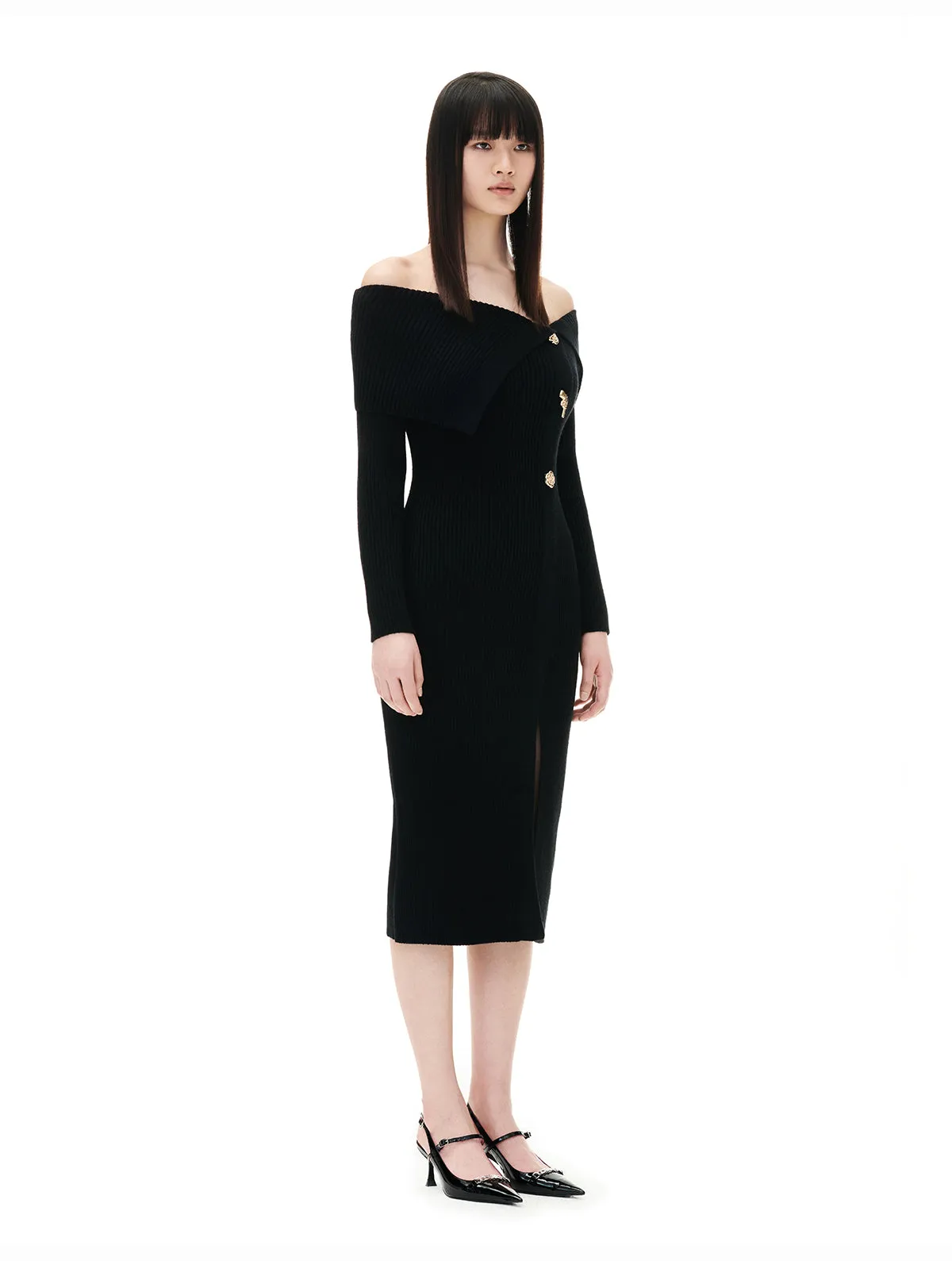 YES BY YESIR autumn winter gun rose knit Black bodycon dress - Ionc
