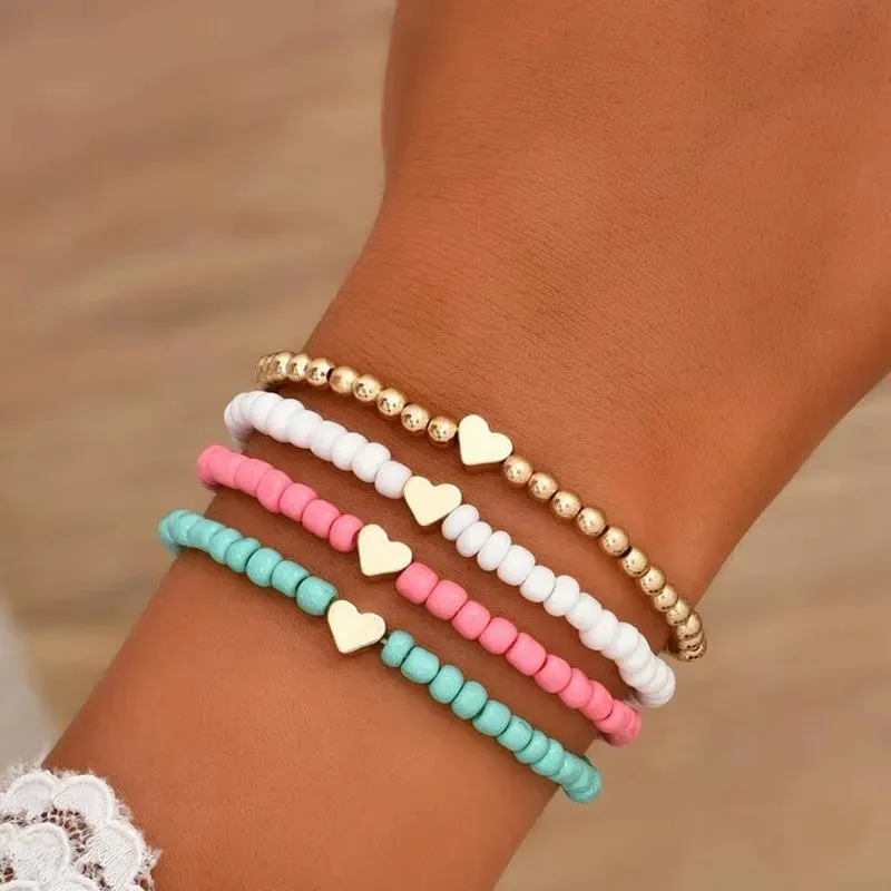 YWZIXLN Boho Engraved Multilayer Colorful Beads Chain Heart  Pendant Bracelet Accessories Best Gift For Women Wholesale B052